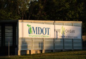 MDOT and Pure Michigan MEDC logos on banners at M city test facility