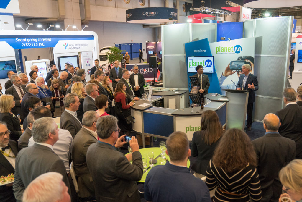 Michigan Gov. Rick Snyder addresses the crowd during a reception hosted by Mcity in the Planet M booth at the ITS World Congress in Montreal on Oct. 31, 2017. The reception celebrated the second phase of industry funding in Mcity, with 11 companies investing a total of $11 million.