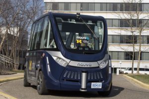 MCity's autonomous shuttle making its rounds at NCRC on the University of Michigan's North Campus.