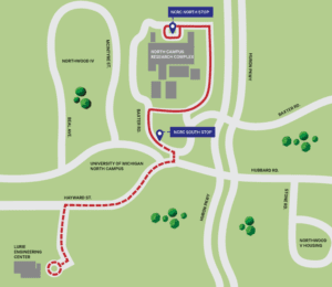 Map of University of Michigan North Campus Mcity shuttle route