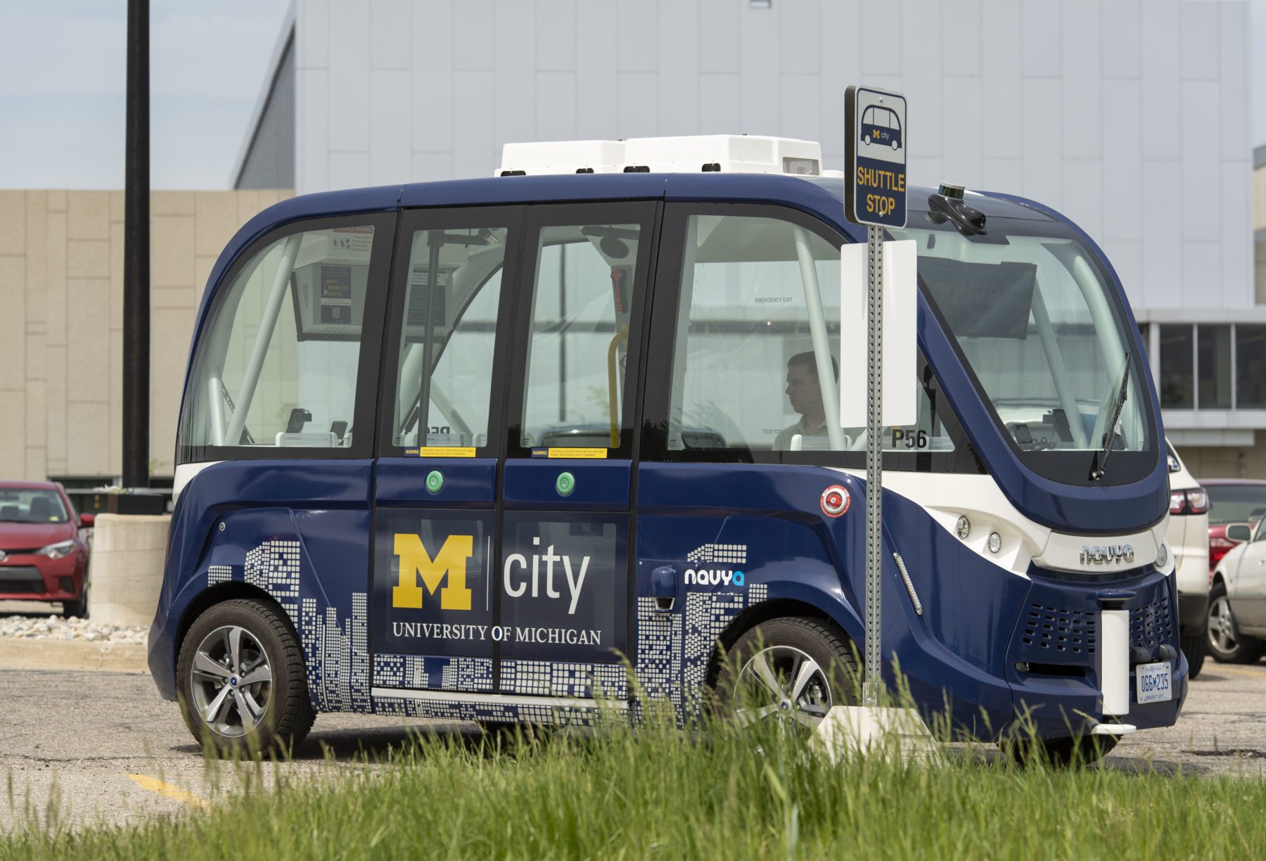 MCity's autonomous driving shuttle moving passengers around the NCRC Building on the University of Michigan's North Campus on May 18, 2018.