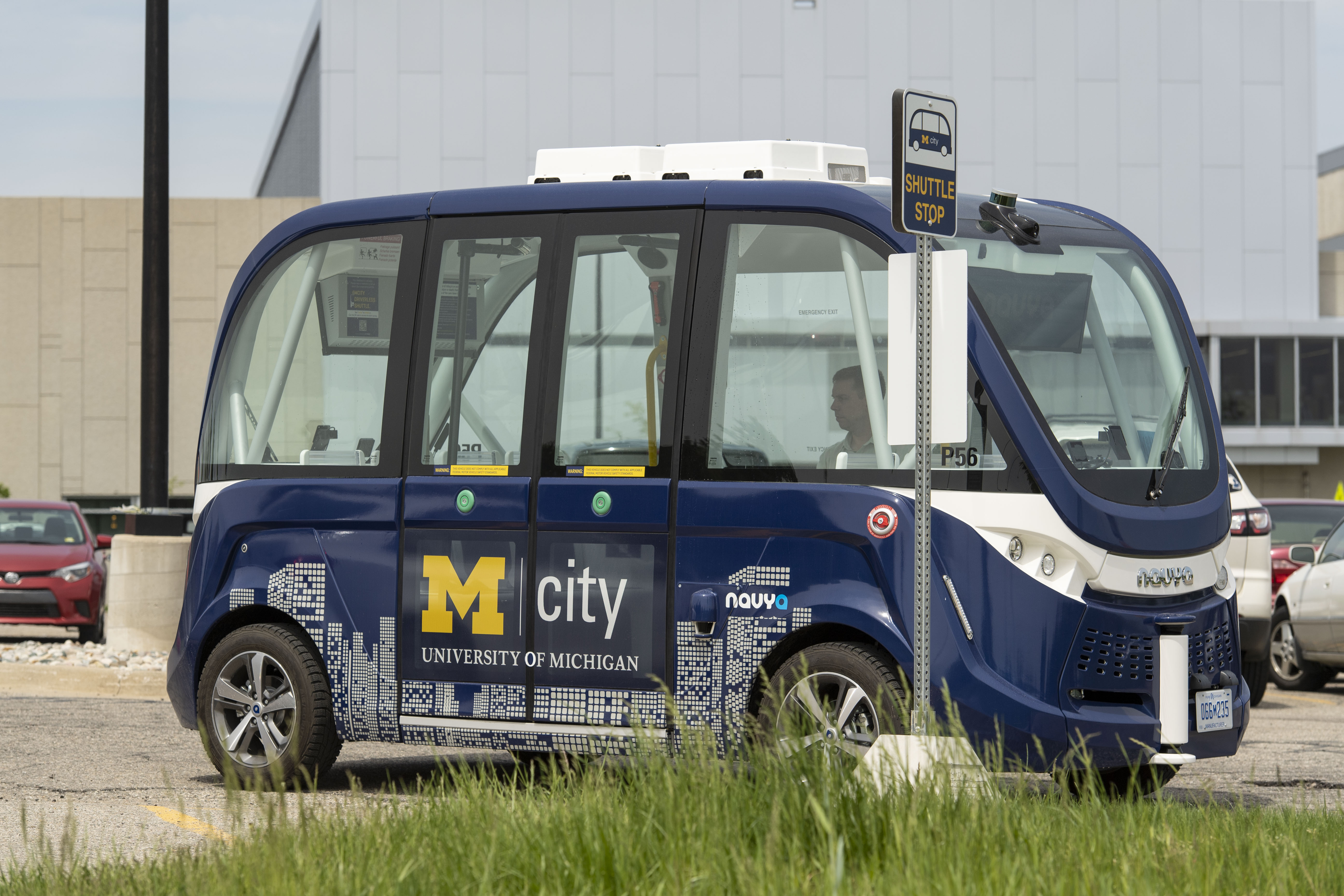 MCity's autonomous driving shuttle moving passengers around the NCRC Building on the University of Michigan's North Campus on May 18, 2018.