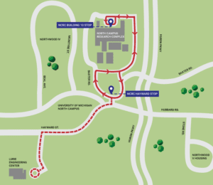 Map of University of Michigan North Campus Mcity shuttle route