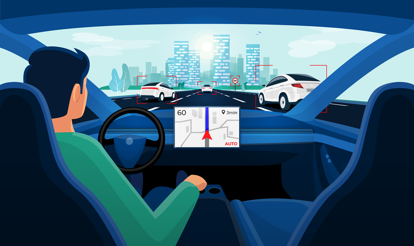 Autonomous autopilot smart driverless electric car self-driving on road to city. Viewed from the car interior dashboard display. Vector cartoon style with night skyline panoramic perspective horizon.
