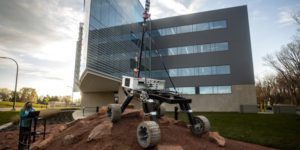 U-M mars rover unit in the Mars Yard at the Ford Robotics Building
