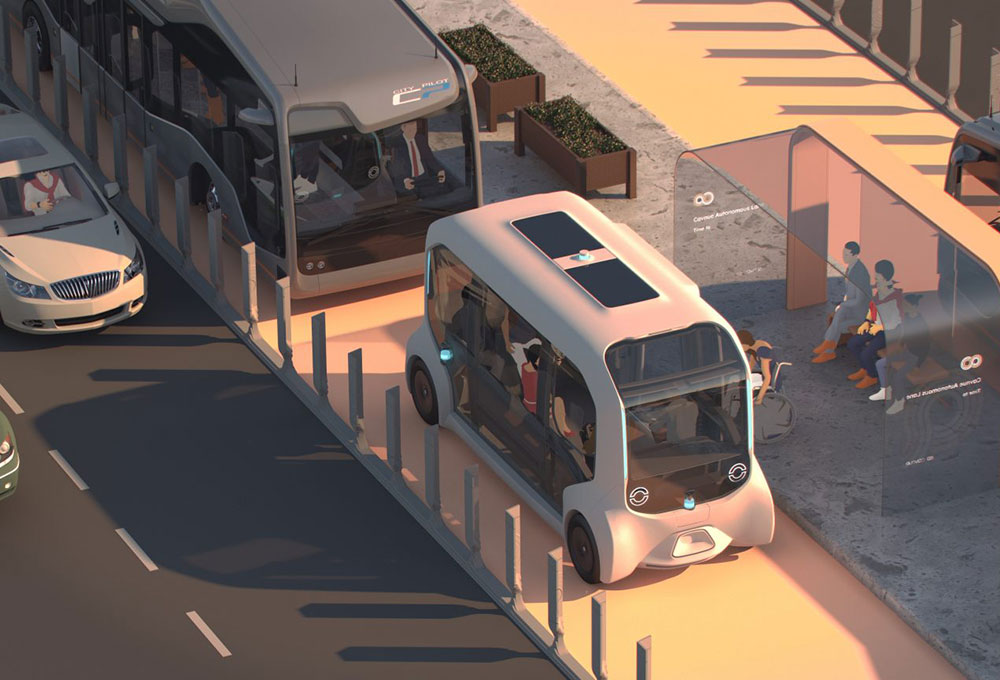 Artist rendering of driverless shuttle vehicles in an urban setting