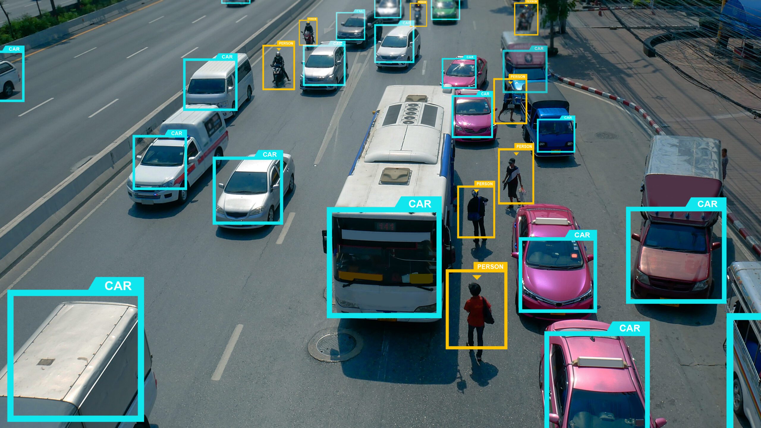 Cars and people being detected by AI