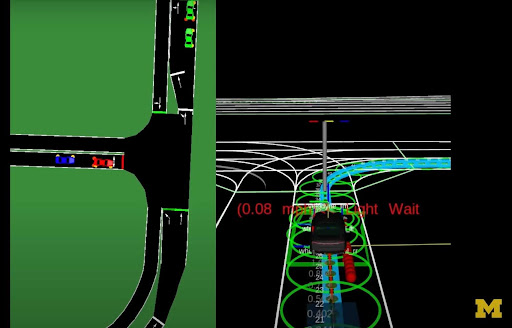 A screenshot of a simulated driving environment developed at Mcity