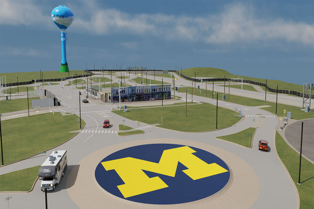 Image of the Mcity Test Facility created using high-fidelity synthetic sensor simulation data, rendered via the NVIDIA Sensor RTX APIs.