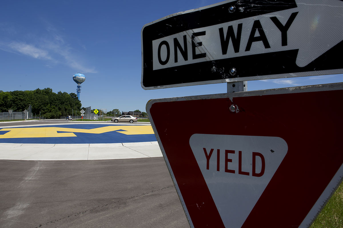 One way and yield road sign at the Mcity Test Facility